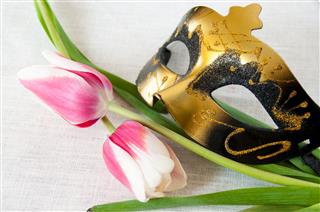 Red And White Tulips Golden Mask