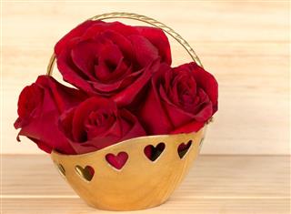 Red rose in gold basket